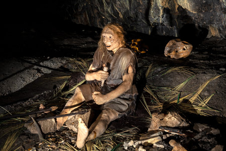 Reconstruction of a Middle Palaeolithic scene in the Black Cave. Primal tribe of ancient wild people...