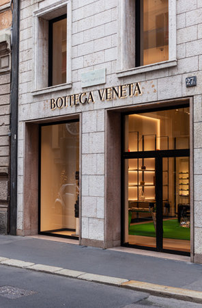 Milan, Italy - October 16, 2022: The Bottega Veneta boutique in Montenapoleone, Milan is a luxury fashion destination for the latest high-end fashion. The store offers clothing, shoes, and accessories from the renowned designer brandのeditorial素材