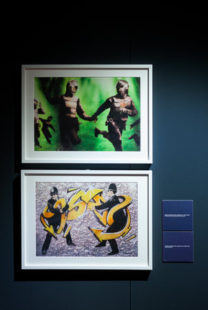 Trieste, Italy - January 21, 2023: Screen prints titled Battle of the Beanfield and Seen and Banksy, by Banksy. The Great Communicator Banksy, Hall of Enchantmentsのeditorial素材