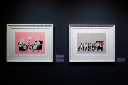 Trieste, Italy - January 21, 2023: Screen prints from the set Barely Legal titled Grannies and Sale Ends, by Banksy. The Great Communicator Banksy, Hall of Enchantments. Courtesy Deodato Galleryのeditorial素材