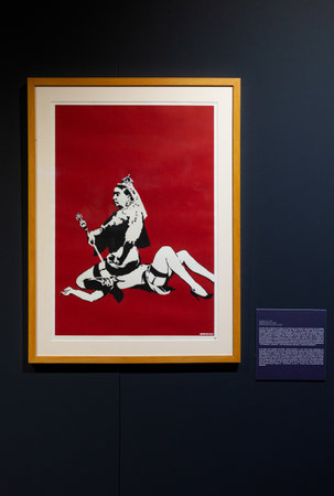 Trieste, Italy - January 21, 2023: Screen print Queen Vic by Banksy. Exposition titled The Great Communicator Banksy, Salone degli Incanti of Trieste. Courtesy Pop House Galleryのeditorial素材