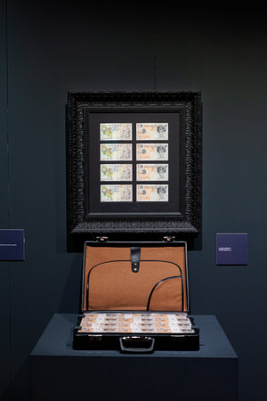 Trieste, Italy - January 21, 2023: Installation view of the work by Banksy Di-Faced Tenner....