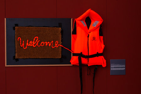 Trieste, Italy - January 21, 2023: Installation view of the work by Banksy titled Welcome Mat. Exposition titled The Great Communicator Banksy, Salone degli Incanti of Trieste. Courtesy Pop House Galleryのeditorial素材