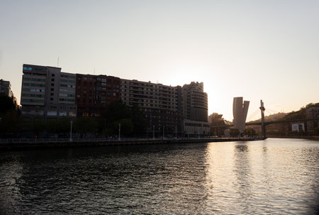 Nervion River. View of the Bilbao riverside at sunsetのeditorial素材
