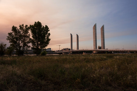 Bordeaux, France, 18 July 2022: Pont Jacques Chaban-Delmas at sunset. The Bridge in Bordeaux over...