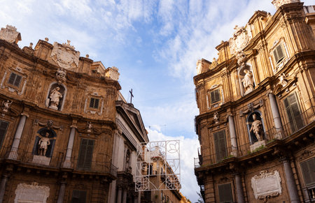 Building of the Quattro Canti, officially known as Piazza Vigliena, is a Baroque square in Palermo, Sicily, Italyの写真素材