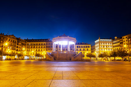 Night view of the main square of Pamplona called plaza del Castillo, Navarra Spainのeditorial素材