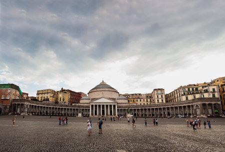 Naples, Italy - June 16, 2023: Basilica of San Francisco de Paula, Piazza del Plebiscito on cloudy skyのeditorial素材