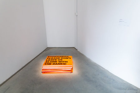 Venice, Italy - April 19, 2024: Installation Foreigners Please Don't Leave Us Alone With The Danes!...