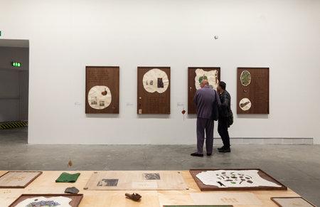 Venice, Italy - April 19, 2024: The paintings of Kang Seung Lee titled Constellation exposed at the Central Pavilion during the 60th International Art exhibition of Venice biennale 2024, titled Foreigners Everywhere curated by Adriano Pedrosaのeditorial素材