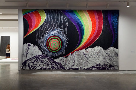 Venice, Italy - April 19, 2024: Artwork by Liz Collins titled Rainbow Mountains Weather exposed at the Central Pavilion during the 60th International Art exhibition of Venice biennale 2024, titled Foreigners Everywhere curated by Adriano Pedrosaのeditorial素材