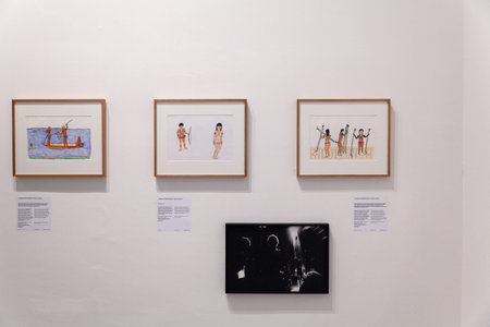 Venice, Italy - April 19, 2024: The paintings of Joseca Mokahesi Yanomami exposed at the Central...