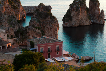 Amazing sunrise panorama at the Tonnara di Scopello and Faraglioni, province of Trapani, Sicily. Italyの写真素材