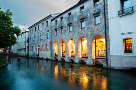 View of the Carraresi house at sunset in Treviso, Italyの写真素材