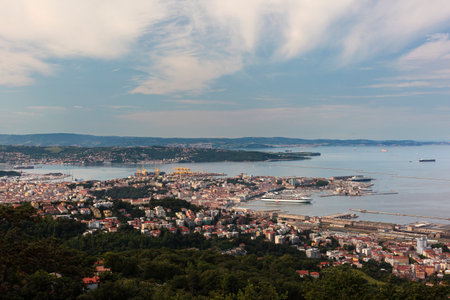 Aerial view of Trieste city and port for ships, large passenger ferries moored in the portの写真素材