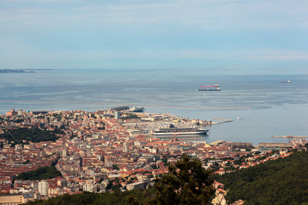Aerial view of Trieste city and port for ships, large passenger ferries moored in the port