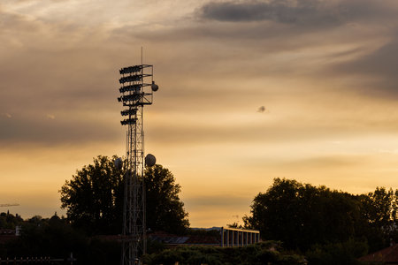 Sports stadium lights at dusk, Vicenzaの写真素材
