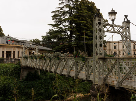 Modern bridge in iron over the River Bacchiglione in Vicenza City in Italyの写真素材