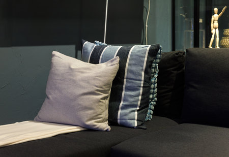 Gray sofa adorned with multicolors pillows showcasing a Scandinavian interior design in a modern living roomの写真素材