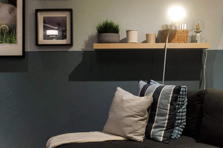 Gray sofa adorned with multicolors pillows, positioned near a shelf, showcasing a Scandinavian interior design in a modern living roomの写真素材