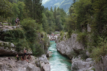 Lepena, Slovenia - July 17, 2024: Great Soca Gorge, Soca river, in Slovenian Velika korita. Lepena Valley, Julian Alps, Municipality of Bovec, Slovenia, Europeの写真素材