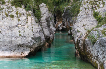 Great Soca Gorge, Soca river, in Slovenian Velika korita. Lepena Valley, Julian Alps, Municipality of Bovec, Slovenia, Europeの写真素材