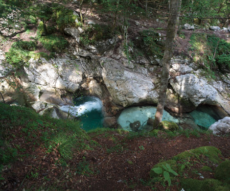 Beautiful water cascades or small waterfall in the valley of Lepena in Slovenian Julian Alps. Emerald green waterfalls in an enchanted forest. Sunikov Vodni Gaj Nature Preserve, Sloveniaの写真素材