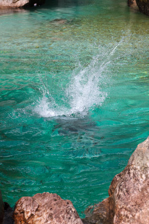 Man diving into the Great Soca Gorge, Soca river, Sloveniaの写真素材