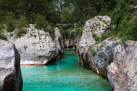 Great Soca Gorge, Soca river, in Slovenian Velika korita. Lepena Valley, Julian Alps, Municipality of Bovec, Slovenia, Europeの写真素材