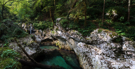 Beautiful water cascades or small waterfall in the valley of Lepena in Slovenian Julian Alps. Emerald green waterfalls in an enchanted forest. Sunikov Vodni Gaj Nature Preserve, Sloveniaの写真素材