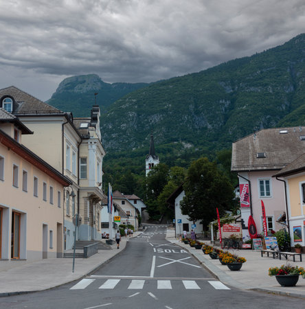 Bovec, Slovenia - July 17, 2025: View of the small town Bovec in Julian Alps. Popular place for active recreation in Sloveniaの写真素材
