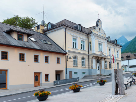 View of the small town Bovec in Julian Alps. Popular place for active recreation in Sloveniaの写真素材