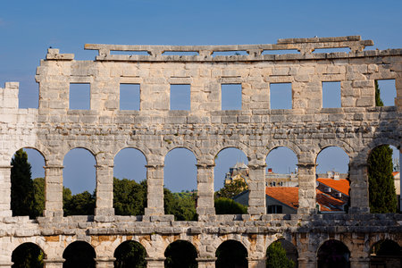View of the wall fragment of ancient Roman amphitheater Arena in Pula, Croatiaの写真素材