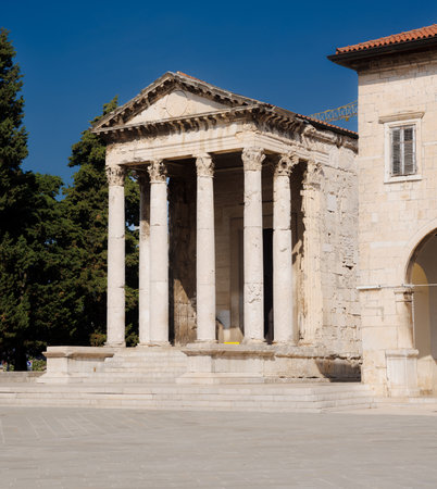 Columns at Temple of Augustus. Roman Forum main square and old town hall. Pula, Istria. Croatiaの写真素材