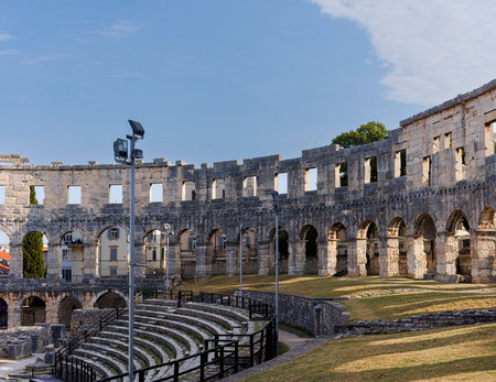 View of the ancient ruins of the Roman Amphitheatre, Istria peninsula. Pula, Croatia.の写真素材