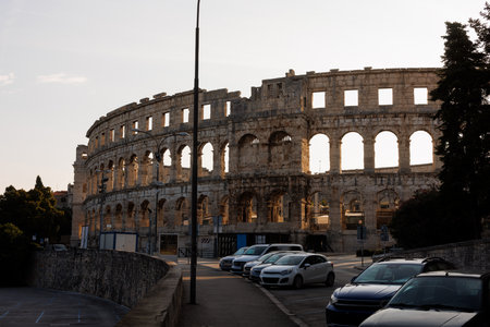 View of the ancient ruins of the Roman Amphitheatre, Istria peninsula. Pula, Croatia.の写真素材