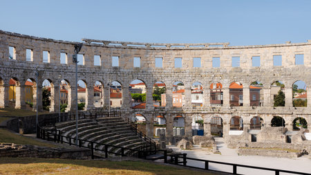 View of the ancient ruins of the Roman Amphitheatre, Istria peninsula. Pula, Croatia.の写真素材
