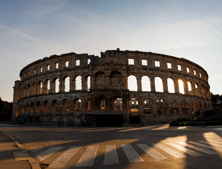 View of the ancient ruins of the Roman Amphitheatre, Istria peninsula. Pula, Croatia.の写真素材