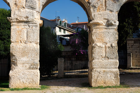View of the arch of ancient Roman amphitheater Arena in Pula, Croatiaの写真素材
