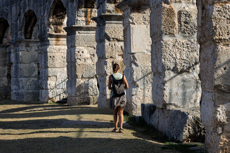 View of the ancient ruins of the Roman Amphitheatre, Istria peninsula. Pula, Croatia.の写真素材