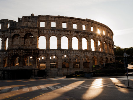 View of the ancient ruins of the Roman Amphitheatre, Istria peninsula. Pula, Croatia.の写真素材