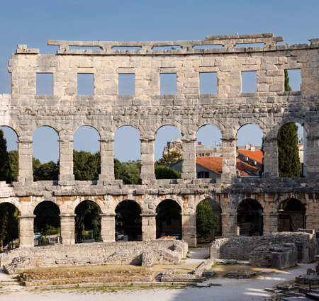 View of the wall fragment of ancient Roman amphitheater Arena in Pula, Croatiaの写真素材