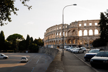 View of the ancient ruins of the Roman Amphitheatre, Istria peninsula. Pula, Croatia.の写真素材