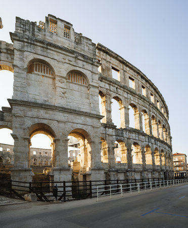 View of the ancient ruins of the Roman Amphitheatre, Istria peninsula. Pula, Croatia.の写真素材