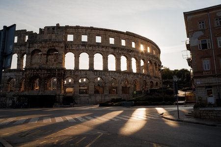 View of the ancient ruins of the Roman Amphitheatre, Istria peninsula. Pula, Croatia.の写真素材