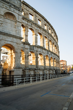 View of the wall fragment of ancient Roman amphitheater Arena in Pula, Croatiaの写真素材
