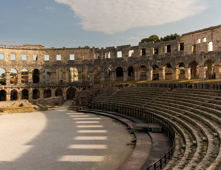 Ancient heritage in Pula, Istria, Croatia. Arches of monumental ancient Roman arena. Detail of...