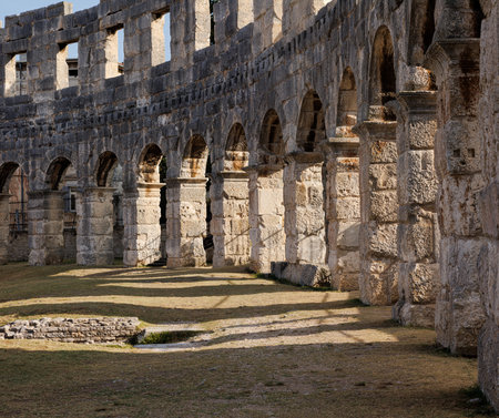 View of the ancient ruins of the Roman Amphitheatre, Istria peninsula. Pula, Croatia.の写真素材