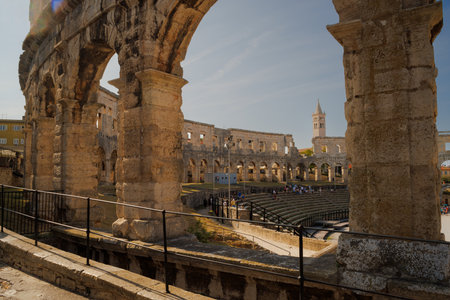 Pula, Croatia - August 22, 2024: View of the ancient ruins of the Roman Amphitheater, Istria peninsula. Pula, Croatia.の写真素材