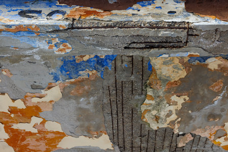 Crumbling concrete stucco building exterior wall with peeling weathered paint